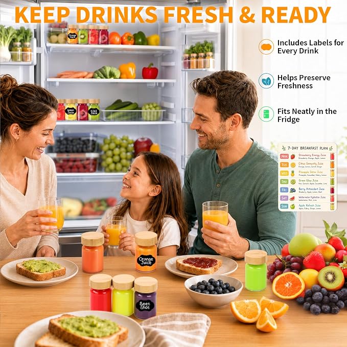40 Pack 2 oz Glass Shot Bottles with Bamboo Lids and Labels | Clear borosilicate glass shows fresh drinks, with leak-resistant seal and wide mouth for juicing, fridge and travel