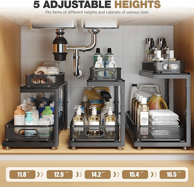 2-Pack 18.5 IN Depth Under Sink Organizer With Next-Gen Ball-Bearing Slides,Sophisticated Mesh 2-Tier Pull Out Shelf for Kitchen & Bathroom,Fits Small Items-Black