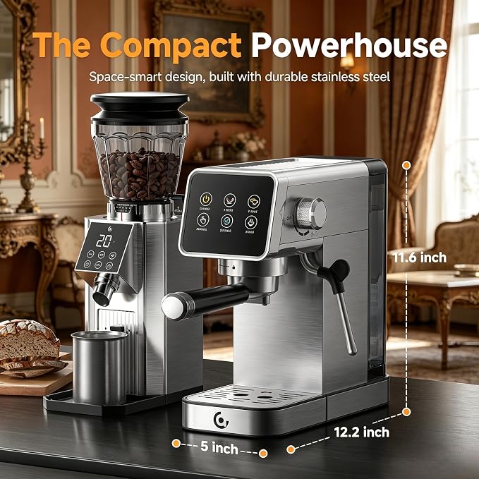 AMZCHEF Espresso Machine 20 Bar, Easy-to-Use Compact Coffee Maker with LED Touchscreen, Self-Cleaning & Milk Frother, Perfect Coffee Starter for Beginners, Lattes and Cappuccinos Machine