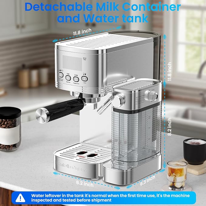 Espresso Machine 20 Bar Temperature Time LED Display Espresso Maker with Stepless Adjustable Automatic Milk Frother for Cappuccino Latte Americano Stainless Steel Coffee Machine with ESE Pod Filter