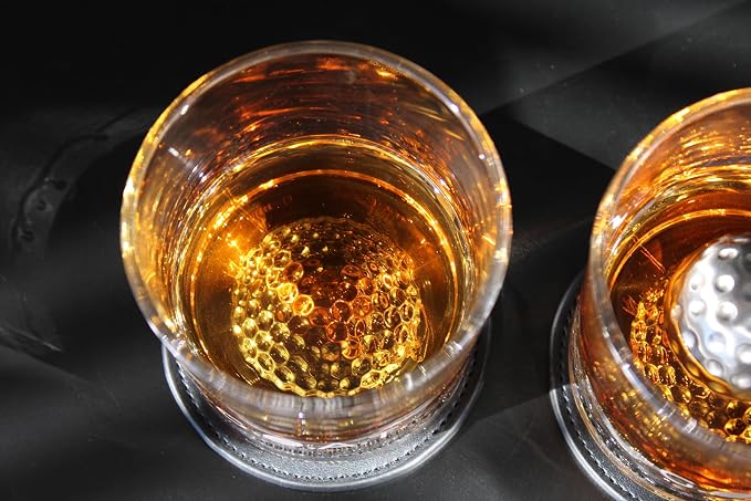 NobleSip® Whiskey GOLF Glasses 𝗣𝗥𝗘𝗠𝗜𝗨𝗠 Set: 2 Glasses, 2 Steel Chilling Balls, 2 Coasters. Best way for a player, fan to enjoy his Old Fashioned Cocktails. Golfer bourbon home bar gift
