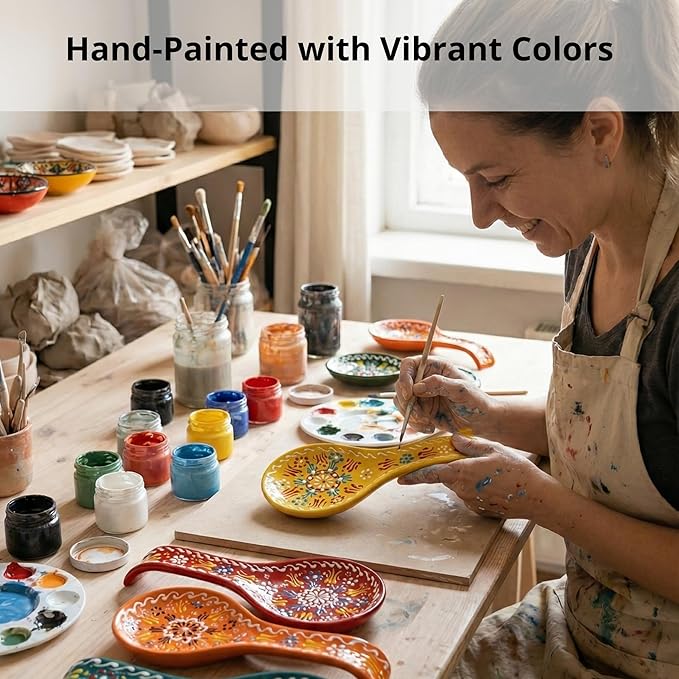 BCS Ceramic Spoon Rest, Large 9” Hand Painted Spoon Holder for Stove Top & Kitchen Counter, Dishwasher Safe & Heat Resistant Utensil Holder, Floral Kitchen Decor, Handmade Pottery