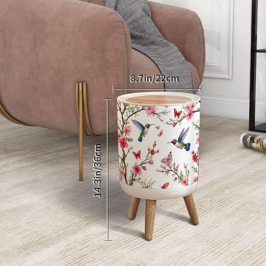 Trash Can with Lid Seamless Floral Hand Drawn Hummingbirds Tropical Japanese Press Top Round Small Garbage Bin with Wooden Legs Waste Basket for Kitchen Bedroom Nursery 7L/1.8 Gallon