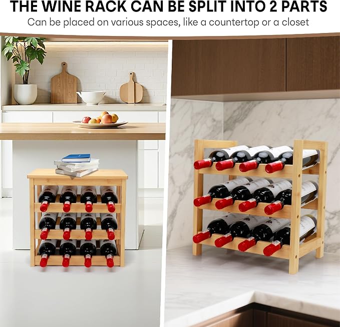 Wine Rack Free Standing Floor, 6-Tier 24 Bottles Display Wine Storage Shelves with Table Top, Easy-Assembly Freestanding Bamboo Wine Racks for Kitchen Dining Room Bar, Natural