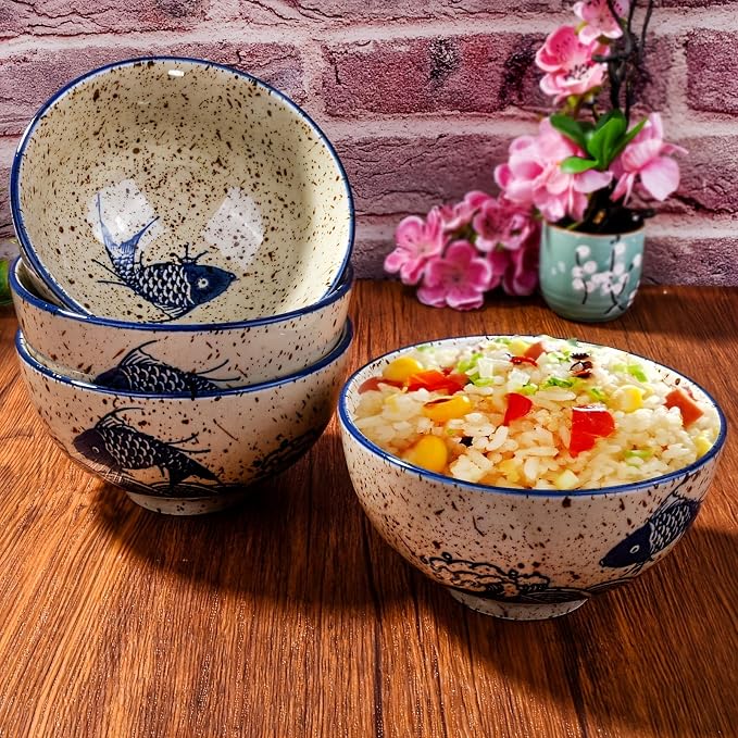 Ceramic Dinnerware Set of 8,4 Pieces 7 Inch Plates and 4 Pieces 4.45 Rice Bowls, Dishwasher & Microwave Safe