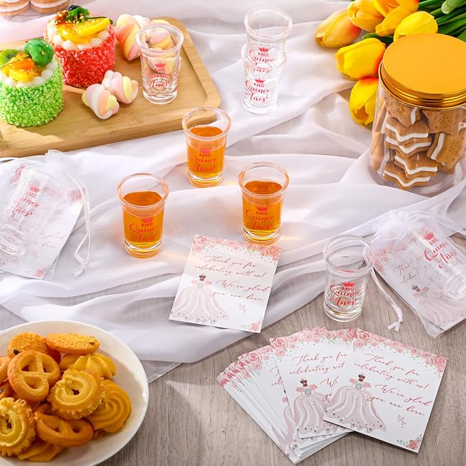 Havawish 50 Sets Quinceanera Party Favors for Guests Quinceanera Acrylic Clear Personalized Shot Glasses Thank You Cards with Organza Bags Mis Xv Años Sweet 15 Birthday Party Favors (Pink)