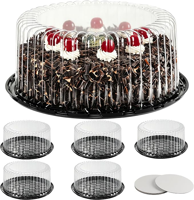 6-Pack Cake Carrier Holder Container for 10 Inch Round Cakes - Plastic Disposable Cake Containers, Take Out Storage w/Clear Dome Lids, Black Base Serving Trays, White Cake Boards, 12 x 5 Inches