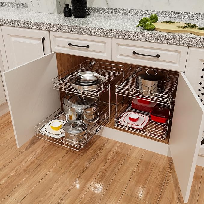 ROOMTEC Individual Pull Out Cabinet Organizer (11" W x 18" D), 2 Tier Spice Rack Organizer for Cabinet, Slide Out Drawer Pantry Shelf Organization and Storage for Kitchen Bathroom