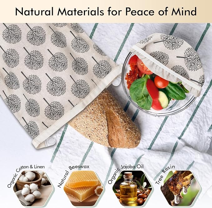 Sourdough Bread Bags & Proofing Bowl Covers, 2 Pack Reusable Beeswax Bread Bag with Cotton Sourdough Bowl Cover, Bread Bags for Homemade Bread to Keep Fresh Longer