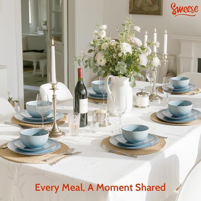 Sweese Porcelain Dinnerware Sets for 6, 18 Pieces Plates and Bowls Sets, Handcrafted Minimalist Dinner Set, Chip and Scratch Resistant Dish Set, Dishwasher & Microwave Safe, Gradient Blue