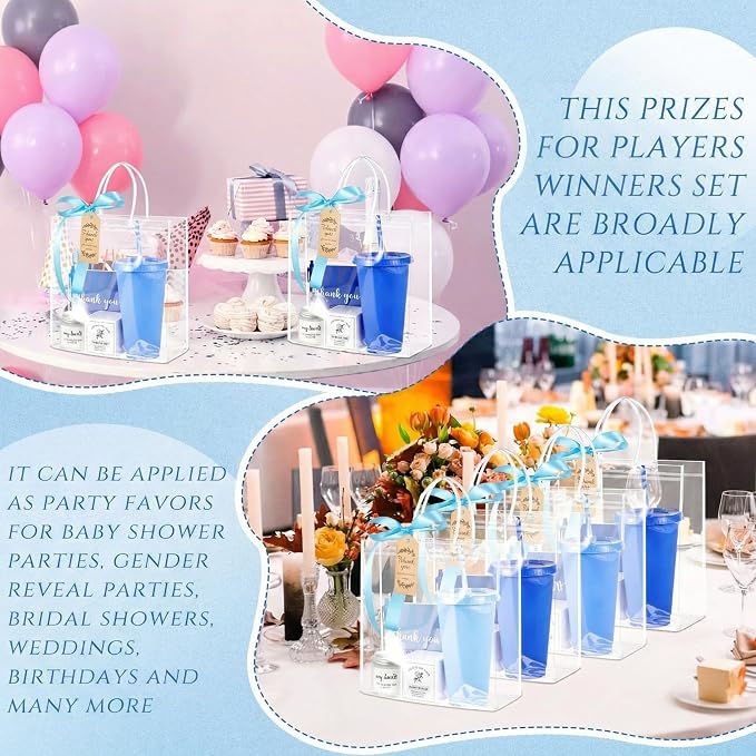 Nuogo 6 Sets New Parent Shower Prizes for Player Winners Adult, Wedding Bridal Shower Gift, Plastic Tumbler Notebook Scented Candle Ballpoint Pen Bag (Gradient Blue,Classic Style)