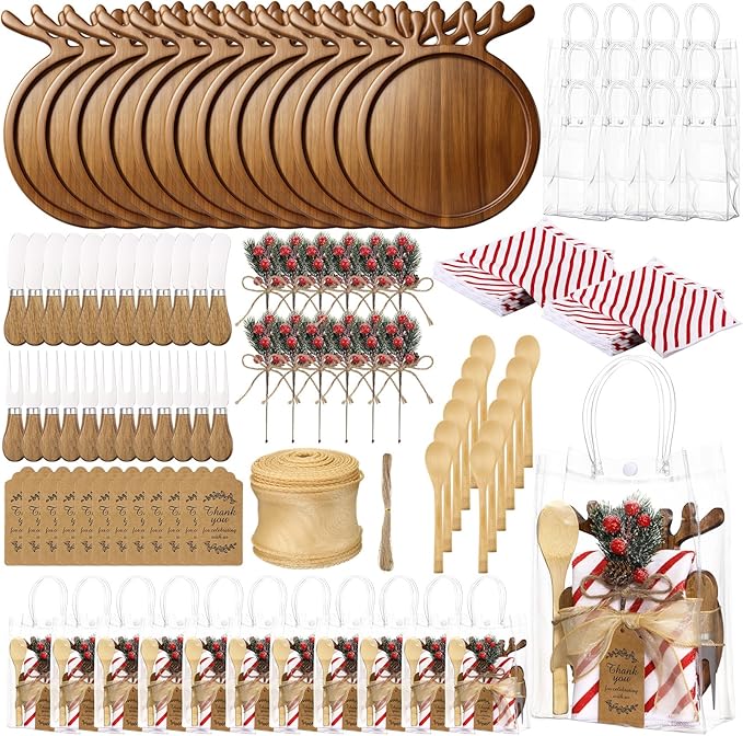 Potchen 12 Set Christmas Kitchen Gifts Wood Cheese Board Fork Spoon Butter Spreaders Dish Cloth Thank You Card Ribbon and Gift Bags for Merry Christmas Cooking Serving Xmas Utensils Gifts (Reindeer)