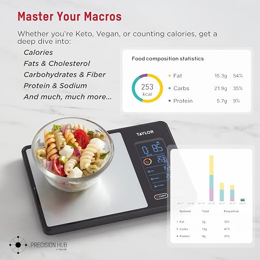 Taylor 5340117 Smart Food Scale with Precision Hub App, Digital Kitchen Scale for Macro Tracking and Calorie Logging, 11 lb Capacity, Measures Grams, Ounces & Liquids, Batteries Included