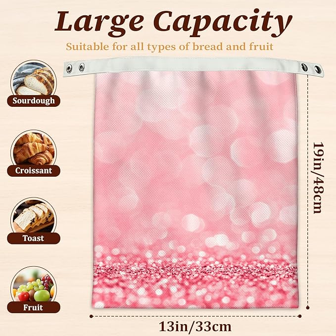 Bread Bags for Homemade Bread, Pink Glitter 2 Pack Linen and Beeswax Sourdough Storage Bags, Reusable Keeper, Keeps Breads Fresh Longer, Gifts for Bakers