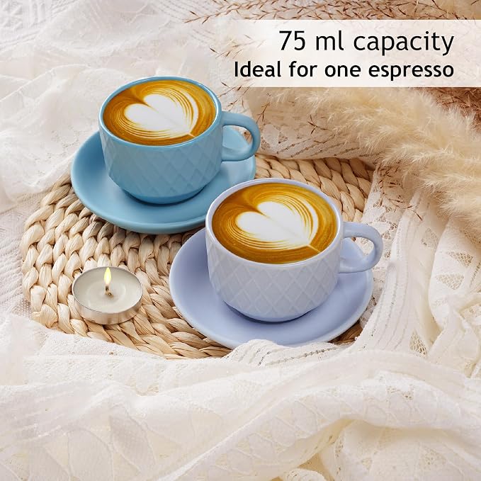 MIAMIO - 6 x 2.5 oz Stoneware Espresso Mug, Cup Set Modern with Stand and Saucers - Palmanova Collection (Ocean Blue)
