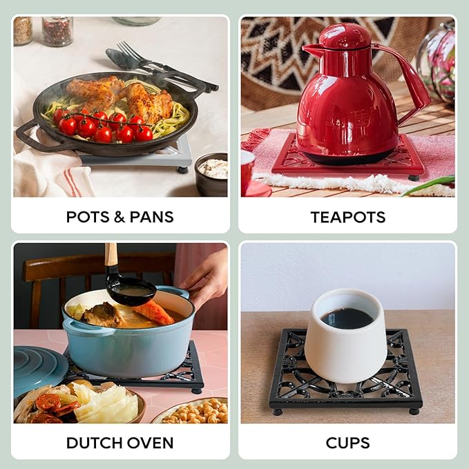 JOGREFUL 2 Pack Cast Iron Trivet Mats, Kitchen Pot Holders to Portect Table/Countertops, Heat Resistant Mats for Teapot/Hot Dishers/Plates, Vintage Mats with Weighted-Base, Flower Black
