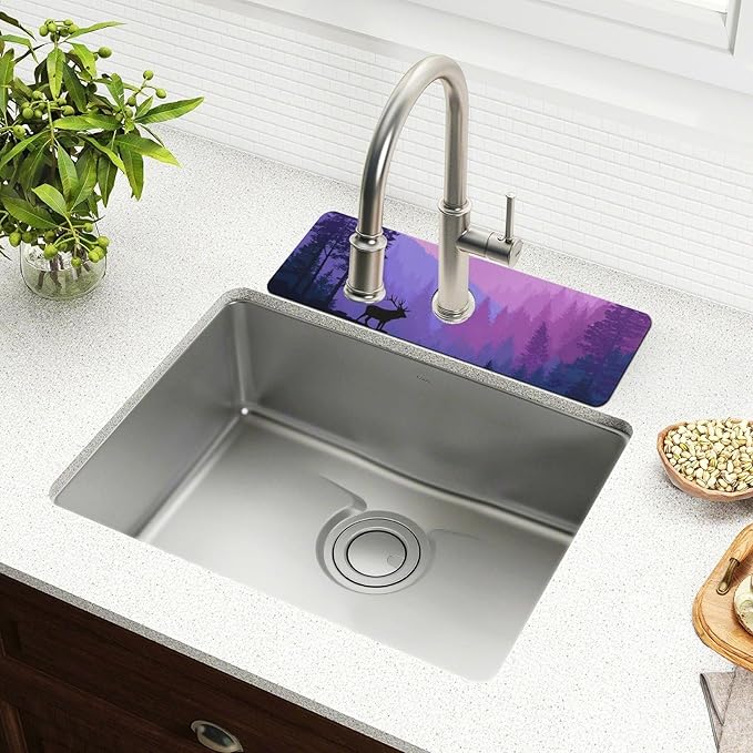 Kitchen Sink Splash Guard 2 PCS 30 Inch Sink Faucet Mat Splash Guard for Bathroom Countertop Water Absorbent Foldable Cuttable Soft Washable Purple Stag Mountains and Forest