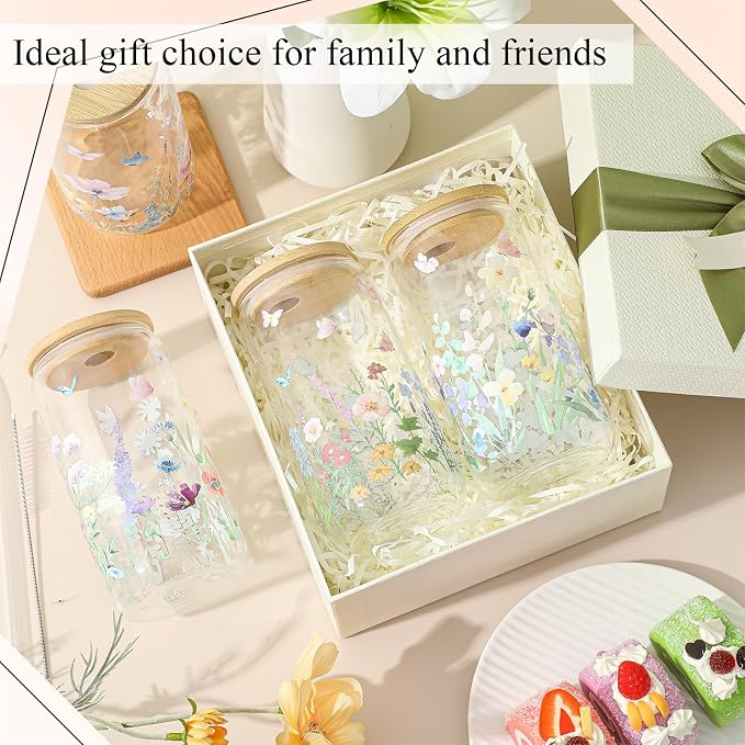 Mumufy 8 Pack Wildflower Glass Cups Gift Aesthetic Cute Glass Cup Tumbler Flower Iced Coffee Mugs 16 oz with Bamboo Lid & Straw, for Wedding Birthday Bridesmaid Mom Baby Shower