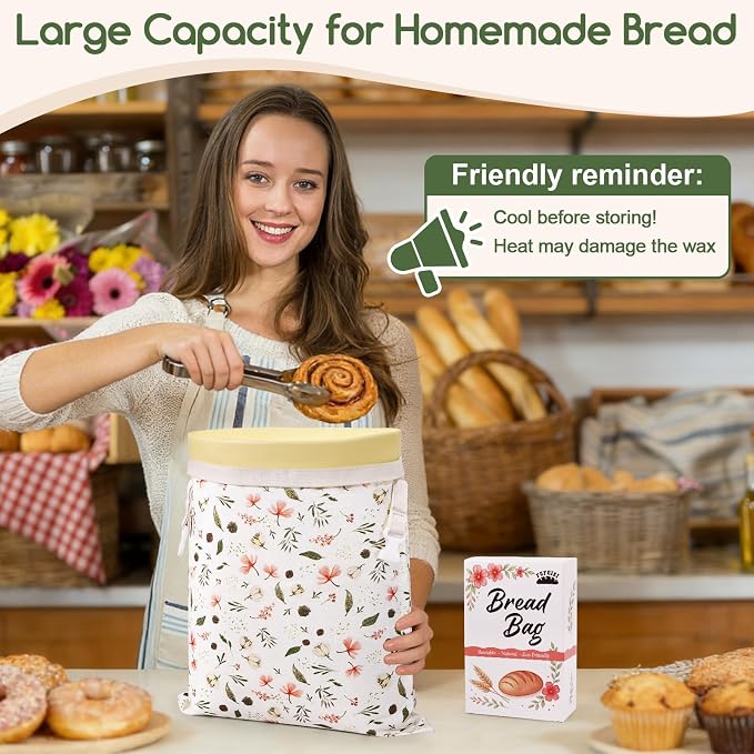 Beeswax Bread Bags for Sourdough, 2 Pack Reusable Bread Bag for Storage XL 17x13 Inch, Large Canvas Lined Bags for Homemade Sourdough - Keep Fresh, Freezer Safe