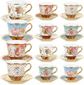 Teenyyou Set of 12 Tea Cups and Saucers Tea Party Decorations Floral Porcelain 7.4 oz British Gift for Women Birthday Party, Church, and Mother's Day (Stylish Style)