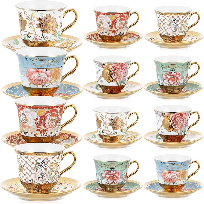 Teenyyou Set of 12 Tea Cups and Saucers Tea Party Decorations Floral Porcelain 7.4 oz British Gift for Women Birthday Party, Church, and Mother's Day (Stylish Style)