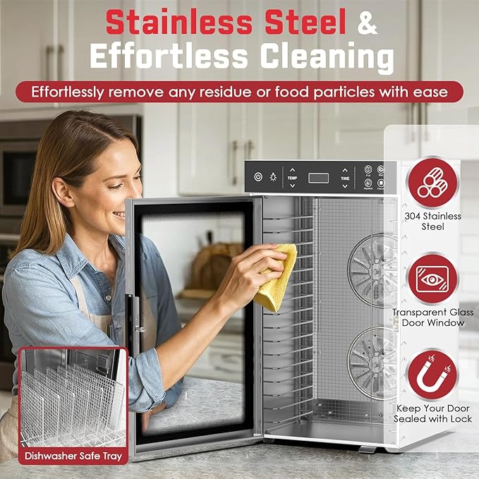 HOPERAN Food Dehydrator Stainless Steel - 800W Electric Dehydrator Machine with 4 Presets, Adjustable Timer, Temperature Control, Digital Food Dryer for Herb, Dog Treats,Meats & Veggies (16 Trays)