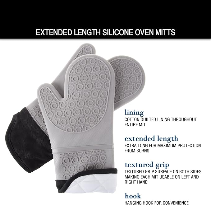 Silicone Oven Mitts – Extra Long Professional Quality Heat Resistant with Quilted Lining and 2-sided Textured Grip – 1 pair Gray by Bedford Home