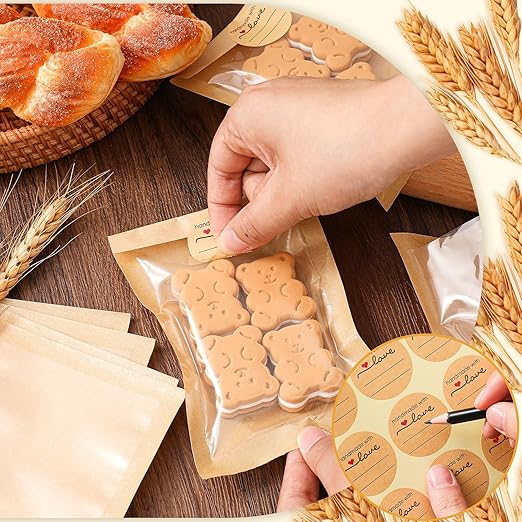 Outus 50 Pcs Cookie Packaging Bags with Seal, 4 x 6 Inch Bakery Pastry Bags with Window, Heat Sealable Grease Resistant Paper to Go Bake Sleeves for Gift Giving Donut Bread Sandwich (Brown)