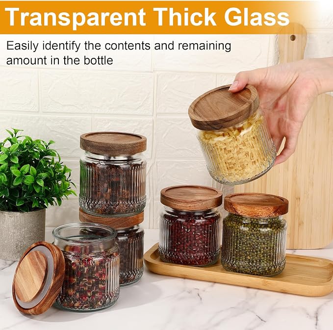 6 Pcs 500ml/17 oz Vintage Glass Storage Jar Glass Containers with Wood Lid Ribbed Pattern Airtight Kitchen Spice Containers for Pantry, Coffee Bean, Grains, Tea, Sugar, Flour, Candy, Oats