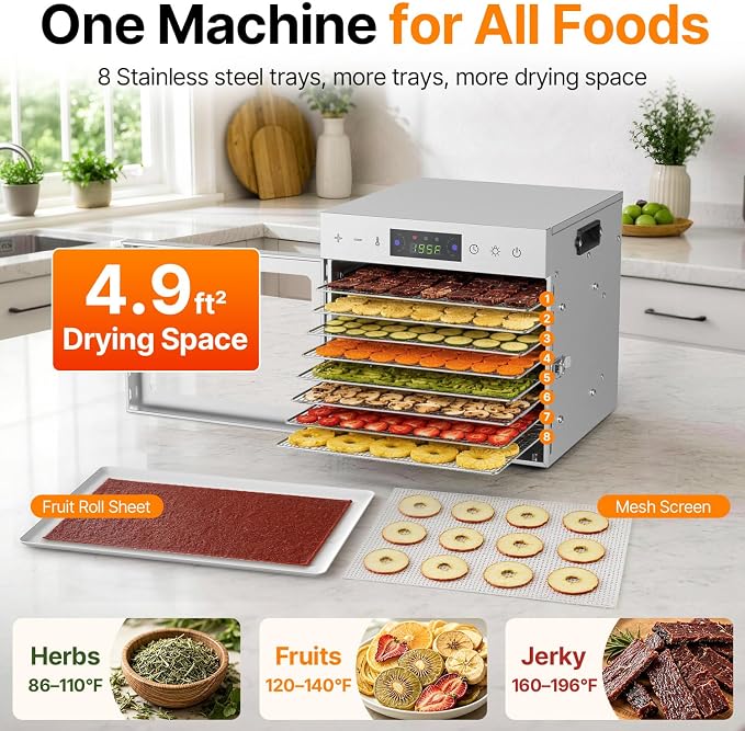 HOPERAN 8 Tray Food Dehydrator Machine for Jerky, Fruit, Herb & Dog Treats | Stainless Steel, Max.196℉ Digital Temperature & Timer Control, 400W, Quiet <48dB, Including 2 Mesh Screens, 1 Fruit Roll Tray