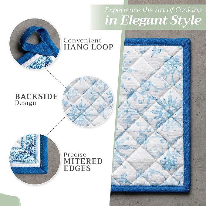 Maison d' Hermine Pot Holders 100% Cotton Heat Resistant Potholders 8" x 8" Hot Pads with Loop BBQ Cooking Baking Gifts for Mothers Day Handling Hot Pans Spring/Summer (Pack of 1, Cedrat)