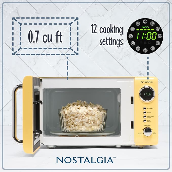 Nostalgia Retro Compact Countertop Microwave Oven - 0.7 Cu. Ft. - 700-Watts with LED Digital Display - Child Lock - Easy Clean Interior - Yellow