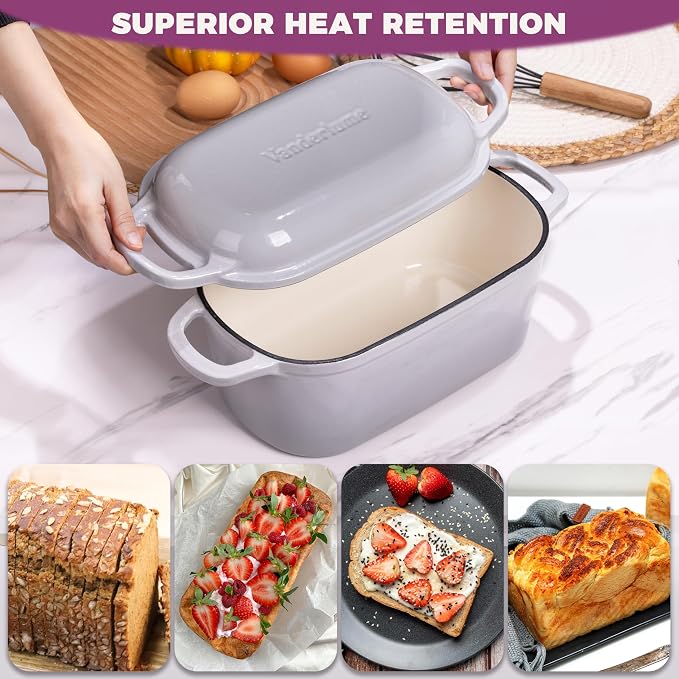 4.6-Quart Oval Dutch Oven for Bread Baking, 2 in 1 Cast Iron Bread Pan with Lid, Sourdough Baking Pan for a Crispy Crust, Oyster Grey