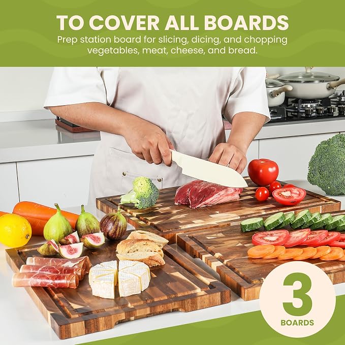 Acacia Wood Cutting Board Set - 3 Piece Acacia Cutting Board with Holder, Knife Friendly, Dual Sided, Built-in Handles, & Juice Grooves | 13, 15, & 17 Non Toxic Cutting Boards for Kitchen