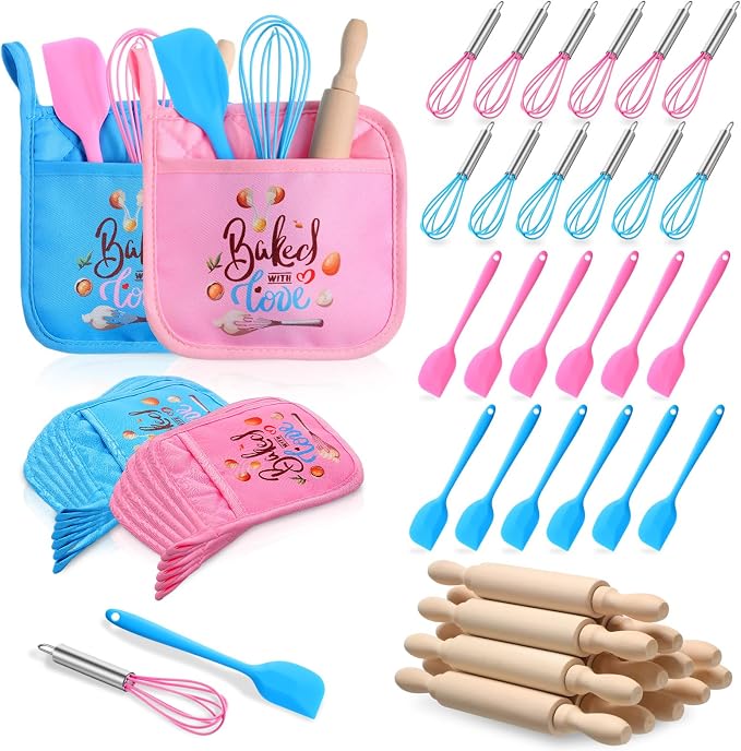 RoundFunny 48 Pcs Kids Mini Baking Supplies with Kitchen Utensil, Pot Holders, Spatula, Rolling Pin, Whisk for Kids Classroom School Exchange Party Favors (Medium)