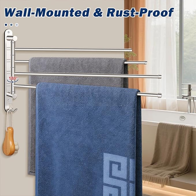 NearMoon Swivel Towel Rack, 19.5" Thicken 304 Stainless Steel 4-Arm Towel Bar, Space Saving Wall Mounted Towel Holder with Hook, Rustproof Swing Out Towel Hanger for Bathroom, Kitchen (Chrome Finish)
