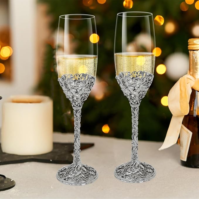 Champagne Flutes -His and Hers,Wedding Toasting Glasses for Engagement Celebrations, Bridal Shower and Registry Idea, Tall Wine Glasses for Bride and Groom Gifts,7oz (Silver new)