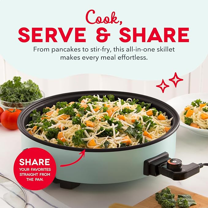 Dash Family Size Skillet - Electric Skillet for Multi-Purpose Cooking - Nonstick Cooking Surface - Tempered Glass Lid & Cool-Touch Handles - 6-Quart Capacity, Makes 24 Cups - 14", Aqua