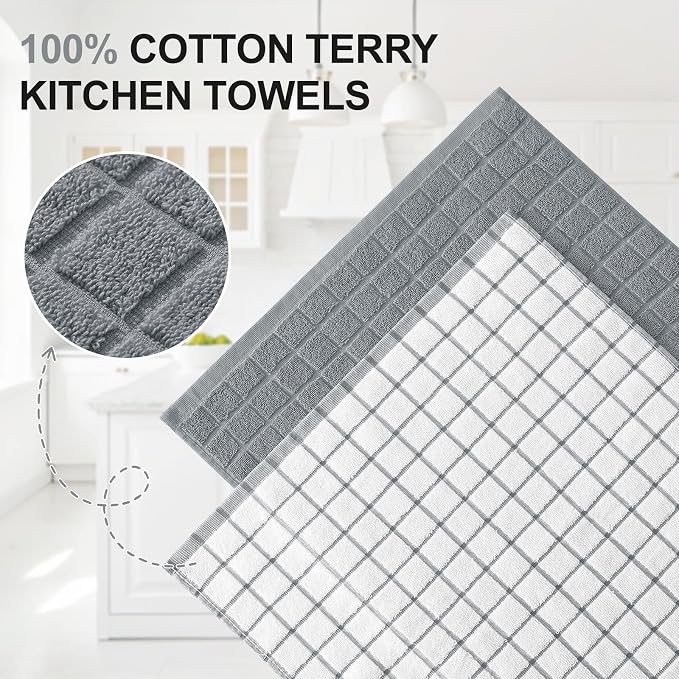 Homaxy Premium Cotton Kitchen Towels 16"x 28", Large Natural Ring Spun 390 GSM Dish Towels, Super Absorbent Terry Kitchen Hand Towels, Soft Tea Towels with Hanging Loop, Grey Check Design, 6 Pack