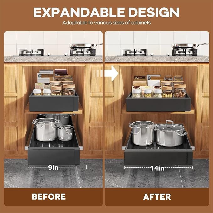 Seinloes 4 Pack Expandable (9"-14") Pull Out Cabinet Organizer 21" Deep With Raising Pad for Framed Cabinets,Upgrade 3 Slide Rails Slide Out Drawers,No Drill Roll Out Shelves Adhesive,Black