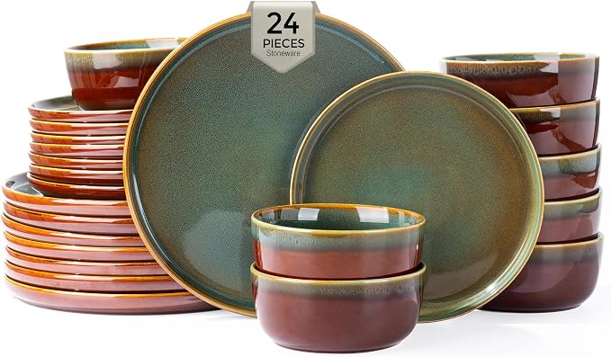 GBHOME Dinnerware Sets for 8, 24 Pieces Stoneware Plates and Bowls Sets, Scratch Resistant Dishes, Dishwasher & Microwave Safe, Reactive Glaze