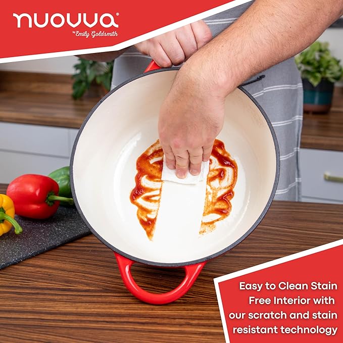 Cast Iron Dutch Oven with Lid - Non-Stick Ovenproof Enamelled Casserole Pot- Sturdy Dutch Oven Cookware - Red, 7.3- Quart, 30cm- by Nuovva