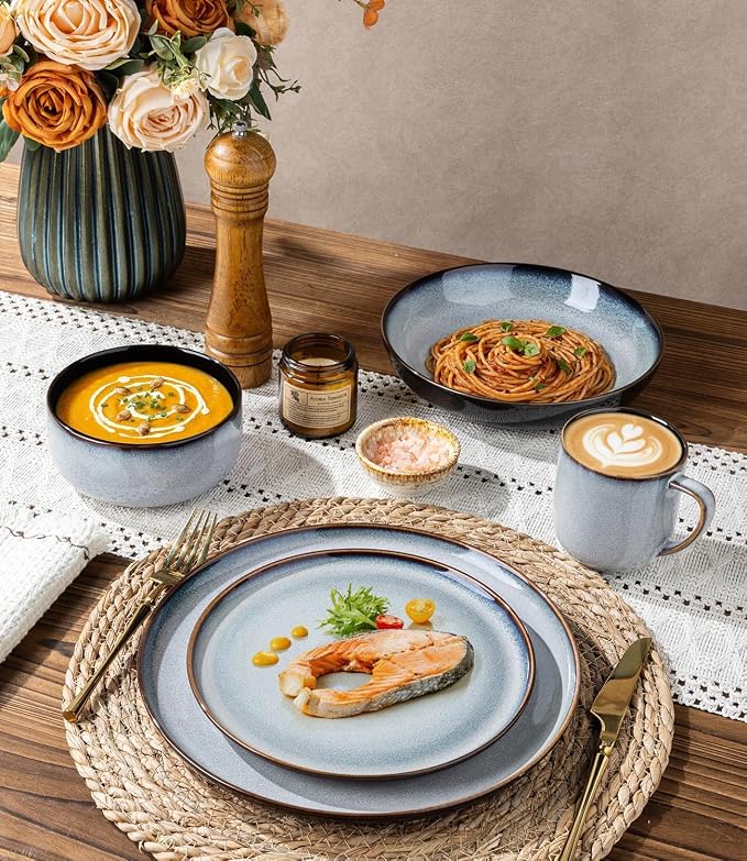 LeRatio Ceramic Dinnerware Sets for 6,Porcelain Plates and Bowls Sets,Handmade Reactive Glaze Dishes Set,Chip Resistant and Scratch Resistant | Oven&Dishwasher & Microwave Safe-Gray White(18PCS)