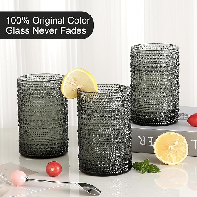 ZMOWIPDL Vintage Glassware Drinking Glasses Set of 6,15 oz Hobnail Glass Cups,Embossed Grey Water Tumbler,for Beer,Cocktail,Whiskey,Juice and Various Mixed Drinks- 1 Cleaning Brush