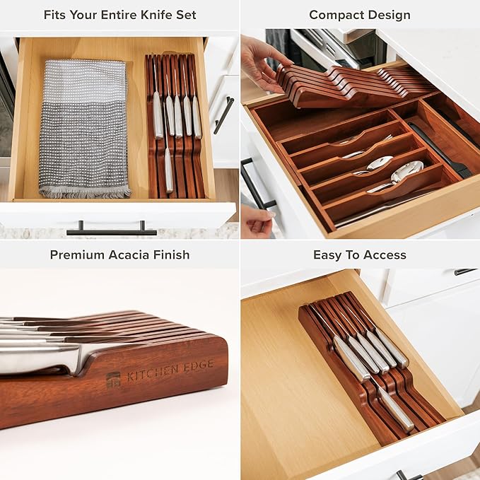 KitchenEdge Acacia Wood Kitchen Knife Block Holder Organizer - Holds 5 Long + 6 Short Knives (Not Included), Fits Most Knife Sizes, Rubber Feet, Premium Food-Safe Finish, In-Drawer Design (Pack of 2)