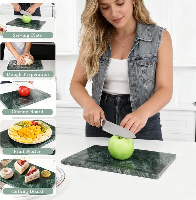 Marble Cutting Board for Kitchen- 12 * 8 Inch Handcrafted Marble Slab for Cheese, Charcuterie &Pastry & Deli – Non-Slip Feet,Rectangular Serving & Chopping Slab for Countertop(Green)
