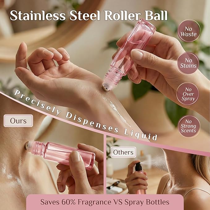 PrettyCare 12 Pack, 10 ml Essential Oil Roller Bottles with Stainless Steel Roller Ball - Refillable Leak-proof Empty Thick Pink Glass Roll on Bottles with Pink Caps for Travel, Perfume