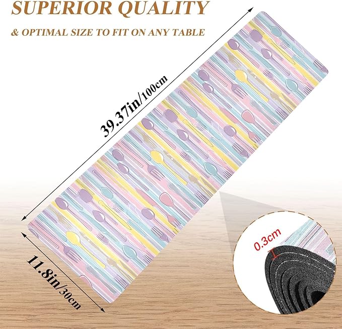 2-in-1 Table Runner Trivet for Hot Dishes Heat Resistant Hot Plate Mat Pad 39x12 Inch Waterproof Table Protector Trivets for Countertop Non Slip Decorative Pastel Color Spoons Knives Forks