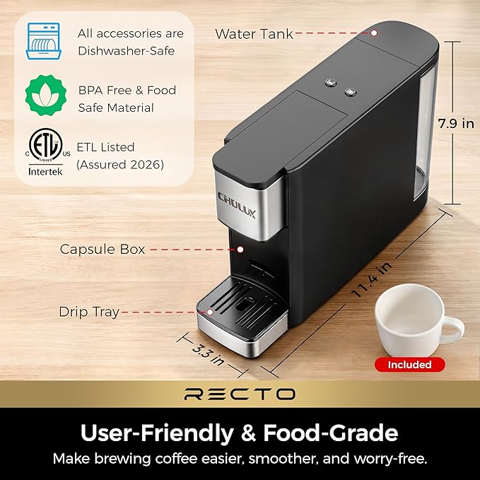 CHULUX RectoCafé Espresso Machine for Nespresso Original Capsule Pod, 20 Bar Professional Italian Pump Coffee Machine, Extra Mini Espresso Maker for Home & Office, Stainless Steel and Black