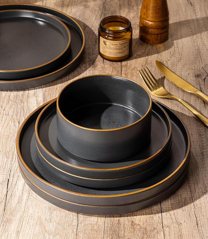LERATIO Ceramic Dinnerware Sets for 4,Matte Stoneware Plates and Bowls Set, Chip and Crack Resistant | Oven & Dishwasher & Microwave Safe Dishes Set, Service for 4-Ashen Gold Rim